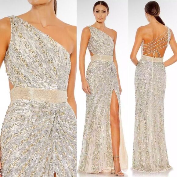 Mac Duggal 5687 Womens SEQUINED ONE SHOULDER DRAPED LACE UP GOWN NWT - Picture 1 of 13